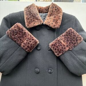 Vintage Braetan Kids Girls Size 16 Black Wool Coat Leopard Faux Fur Trim